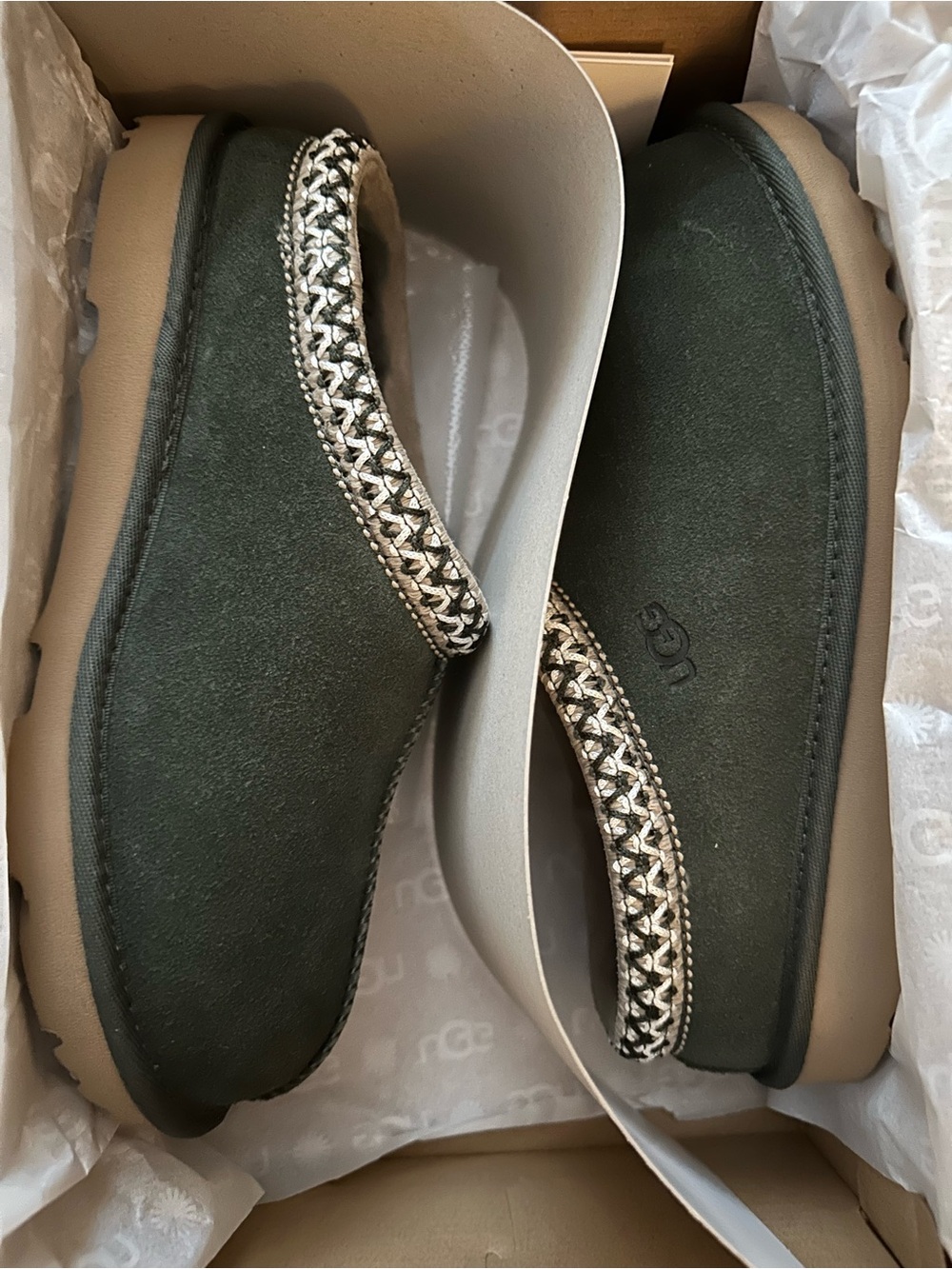 UGG Women's Dark Green Suede Slip-On Clog with Braided Trim